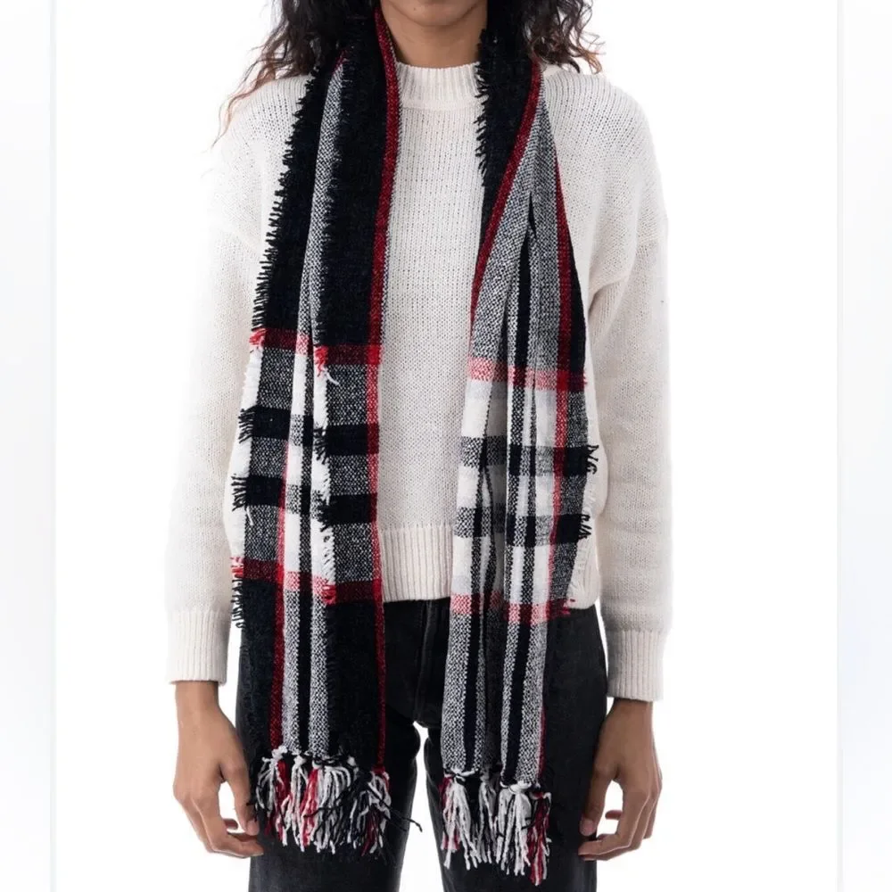 NWT Macy's x Style & Co Ultra-soft Fringe Scarf Black Red White Plaid Stripes